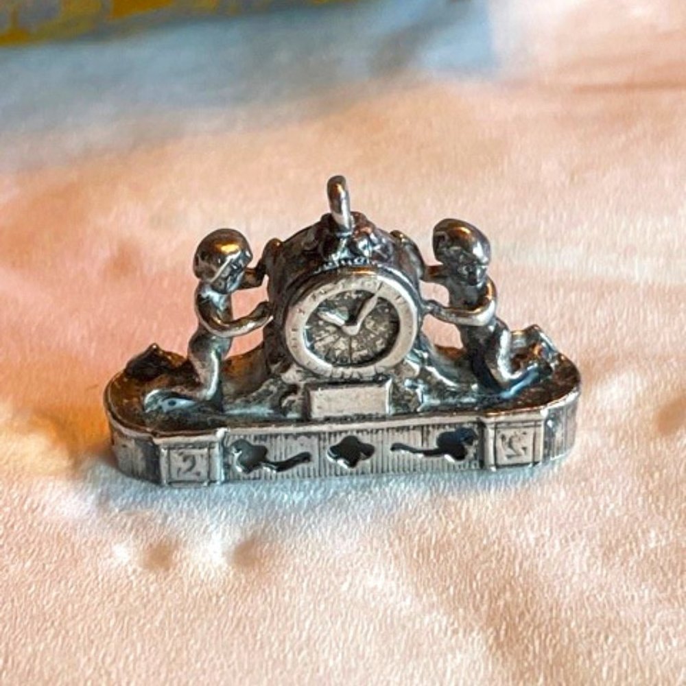 Vintage Silver French Mantle Clock Charm with Cherubs